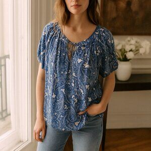 Michael Michael Kors Textured Keyhole Paisley Tie Scoop Neck Peasant Top Large